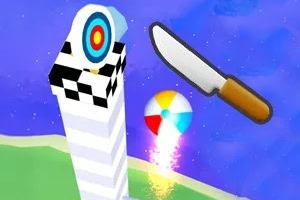 하늘색 배경에 과녁이 있는 흰색 타워, 주방칼, 반짝이는 해변공 튕기는 장면