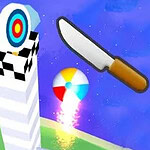 하늘색 배경에 과녁이 있는 흰색 타워, 주방칼, 반짝이는 해변공 튕기는 장면