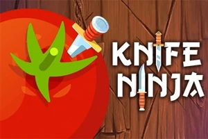 토마토에 꽂힌 칼과 나무 배경 위에 KNIFE NINJA 텍스트가 있는 이미지