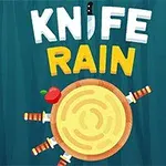 나무 판자에 칼들이 꽂혀 있고 위에는 사과와 KNIFE RAIN이라는 텍스트가 있는 이미지