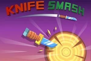 나무 표적에 칼이 날아가는 모습을 배경으로 상단에 KNIFE SMASH 텍스트가 있는 이미지