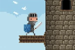 픽셀 아트 스타일로 그려진 기사 캐릭터가 칼과 방패를 들고 성벽 앞에 서 있는 모습