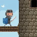 픽셀 아트 스타일로 그려진 기사 캐릭터가 칼과 방패를 들고 성벽 앞에 서 있는 모습