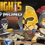 기사와 해골 전사가 동굴에서 무기를 들고 있는 모습