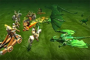 녹색 배경 위에서 기사들과 용이 대치하고 있는 장면