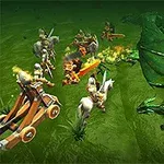 녹색 배경 위에서 기사들과 용이 대치하고 있는 장면