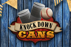 푸른 나무 배경에 금속 캔과 야구공이 있으며, 중간에 KNOCK DOWN CANS라고 쓰여 있는 배너가 있는 이미지
