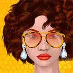 짧은 곱슬머리에 커다란 선글라스와 큼지막한 귀걸이를 착용한 여성의 얼굴 일러스트