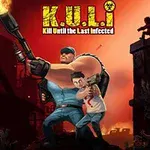 근육질의 남자가 큰 총을 들고 배경의 좀비들에 맞서 싸우며 어린 소년을 보호하고 있다