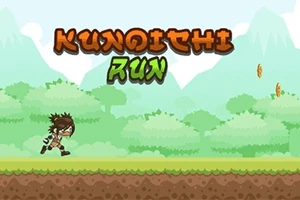 숲 배경에 달리는 닌자 캐릭터와 KUNOICHI RUN 텍스트