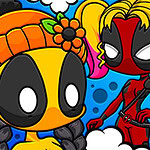 만화 스타일로 그려진 두 명의 캐릭터가 밝은 배경 위에 있으며, 한 명은 주황색 모자를 쓰고 꽃 장식이 있으며, 다른 한 명은 빨간색과 검은색 옷을 입고 있다