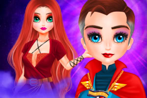 빨간 머리의 여성과 짧은 머리를 가진 슈퍼히어로 스타일로 꾸며진 여성이 보라색 배경 앞에 서 있는 모습