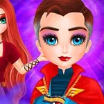 빨간 머리의 여성과 짧은 머리를 가진 슈퍼히어로 스타일로 꾸며진 여성이 보라색 배경 앞에 서 있는 모습