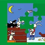 하늘 아래 동물들과 함께 있는 사람들의 미완성된 퍼즐 이미지