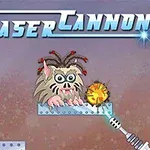 레이저 포탑이 머리가 큰 괴물을 겨누고 있는 장면