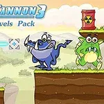 레이저 대포가 폭탄과 파란 괴물, 초록 괴물이 있는 풍경을 겨냥하고 있는 장면