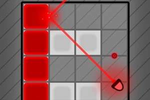 빨간 레이저가 대각선으로 발사되어 빨간색 블록을 맞추고 있는 격자 무늬 퍼즐