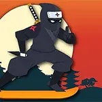 닌자가 검은 옷을 입고 오렌지 스케이트보드를 타고 있는 모습이며, 배경에는 달과 나무 실루엣이 있다