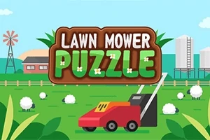 잔디 깎는 기계와 양들이 있는 초원 배경에 LAWN MOWER PUZZLE라는 텍스트가 중앙에 있는 이미지