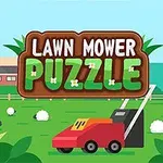 잔디 깎는 기계와 양들이 있는 초원 배경에 LAWN MOWER PUZZLE라는 텍스트가 중앙에 있는 이미지