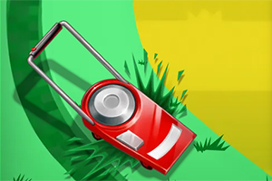 빨간색 잔디 깎기가 풀 위에 놓여 있는 모습