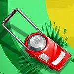 빨간색 잔디 깎기가 풀 위에 놓여 있는 모습