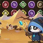 마법 지팡이를 든 후드 입은 캐릭터와 여러 가지 마법 생물들이 사막 배경 속에서 서로 대치하고 있으며, 뒤로는 다양한 색상의 아이콘이 배열되어 있다