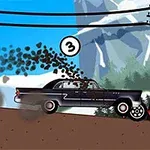 검은 승용차가 빨간 트럭을 언덕에서 밀고 있는 장면