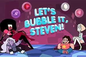 캐릭터들이 거실에 앉아 있는 모습과 LETS BUBBLE IT, STEVEN!