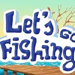 호수 옆에 나무와 작은 집이 있고, 물 위에는 나룻배가 떠 있으며, 화면 상단에 Lets Go Fishing이라는 문구가 있는 풍경