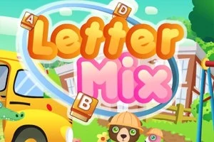알록달록한 글씨로 Letter Mix라고 적혀 있으며, 배경에 노란색 버스와 동물 캐릭터가 있는 밝고 활기찬 이미지