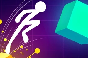 어두운 배경에 흰색 점프하는 스틱맨과 오른쪽에 큰 푸른색 육면체가 있습니다