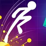 어두운 배경에 흰색 점프하는 스틱맨과 오른쪽에 큰 푸른색 육면체가 있습니다