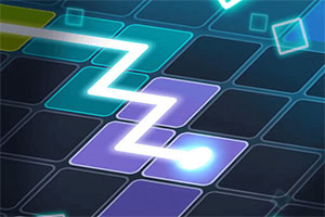 푸른 네온빛의 배경 위에 구불구불한 형광 라인이 그려진 장면