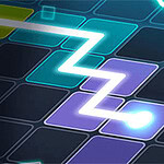 푸른 네온빛의 배경 위에 구불구불한 형광 라인이 그려진 장면