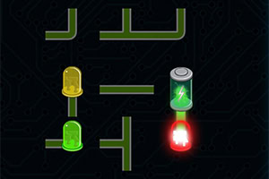 검은 배경 위에 노란색과 초록색 LED, 배터리 아이콘, 및 녹색과 빨간색 선이 연결된 회로 이미지