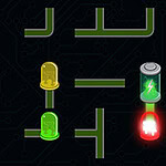 검은 배경 위에 노란색과 초록색 LED, 배터리 아이콘, 및 녹색과 빨간색 선이 연결된 회로 이미지