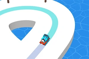 곡선형 하얀 도로 위를 빨간 차가 달리고 있는 모습이며, 배경은 파란 바다입니다