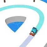 곡선형 하얀 도로 위를 빨간 차가 달리고 있는 모습이며, 배경은 파란 바다입니다