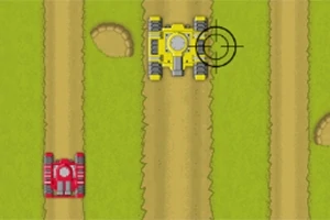 초원 위의 흙길을 따라 이동 중인 노란색 탱크와 빨간색 탱크