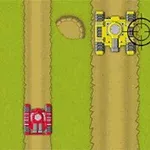 초원 위의 흙길을 따라 이동 중인 노란색 탱크와 빨간색 탱크