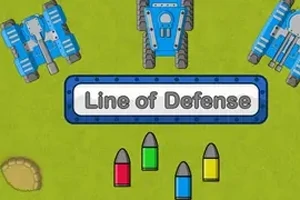 파란색 탱크 세 대와 빨간색, 녹색, 파란색, 노란색 포탄들이 초록색 배경에 있으며 중앙에 Line of Defense 문구가 있습니다
