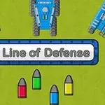 파란색 탱크 세 대와 빨간색, 녹색, 파란색, 노란색 포탄들이 초록색 배경에 있으며 중앙에 Line of Defense 문구가 있습니다