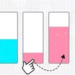 네 개의 직사각형 용기 중 주황색, 파란색, 분홍색의 액체가 담긴 그림과 손가락 아이콘이 있는 이미지