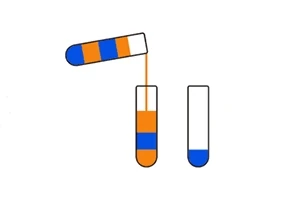 세 개의 시험관 중 하나는 주황색과 파란색 액체가 섞여 있고, 다른 하나는 주황색과 파란색이 층을 이루며, 세 번째 시험관은 빈 상태이다