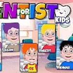 만화 스타일의 치과 배경 앞에 다섯 명의 어린이 캐릭터들이 서 있다