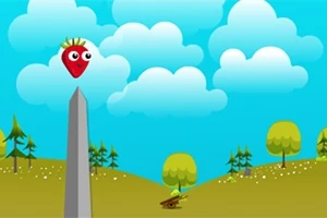 산꼭대기 돌기둥 위에 귀여운 얼굴을 한 빨간 딸기와 파란 하늘에 동그란 구름이 있는 풍경