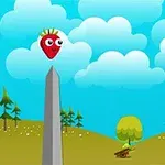 산꼭대기 돌기둥 위에 귀여운 얼굴을 한 빨간 딸기와 파란 하늘에 동그란 구름이 있는 풍경