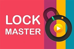 다양한 색상의 배경에 LOCK MASTER라는 텍스트와 재생 버튼 형태의 자물쇠 디자인이 강조된 이미지