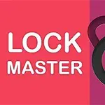 다양한 색상의 배경에 LOCK MASTER라는 텍스트와 재생 버튼 형태의 자물쇠 디자인이 강조된 이미지